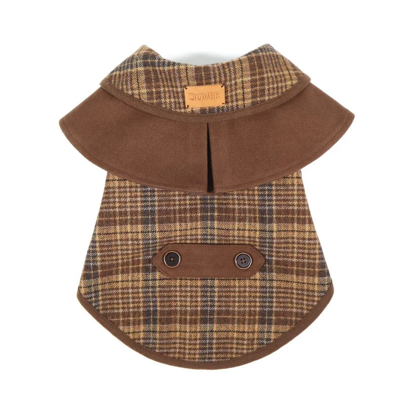 BOVER British Style Plaid Detective Cape - Wool Blend Dog Cape for Small Medium Dogs