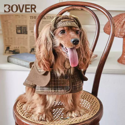 BOVER British Style Plaid Detective Cape - Wool Blend Dog Cape for Small Medium Dogs