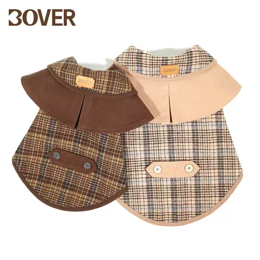 BOVER British Style Plaid Detective Cape - Wool Blend Dog Cape for Small Medium Dogs