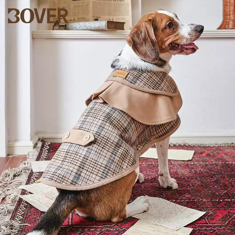 BOVER British Style Plaid Detective Cape - Wool Blend Dog Cape for Small Medium Dogs